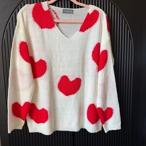 Sweet Love V-Neck Sweater - Red Hearts on Cream